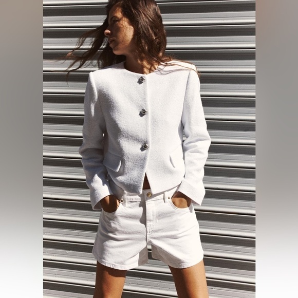 New ZARA Textured Round Collar Blazer With Shoulder Pads - Picture 2 of 10